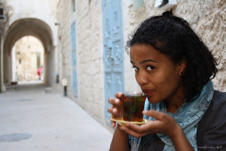 having a hot mint tea just outside the market