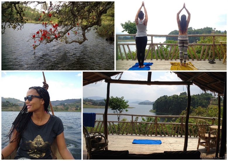 (clockwise) typical Bunyonyi flowery tree, stretching with my sister on our geodome's sundeck, out on the lake, view from the bed in the geodome
